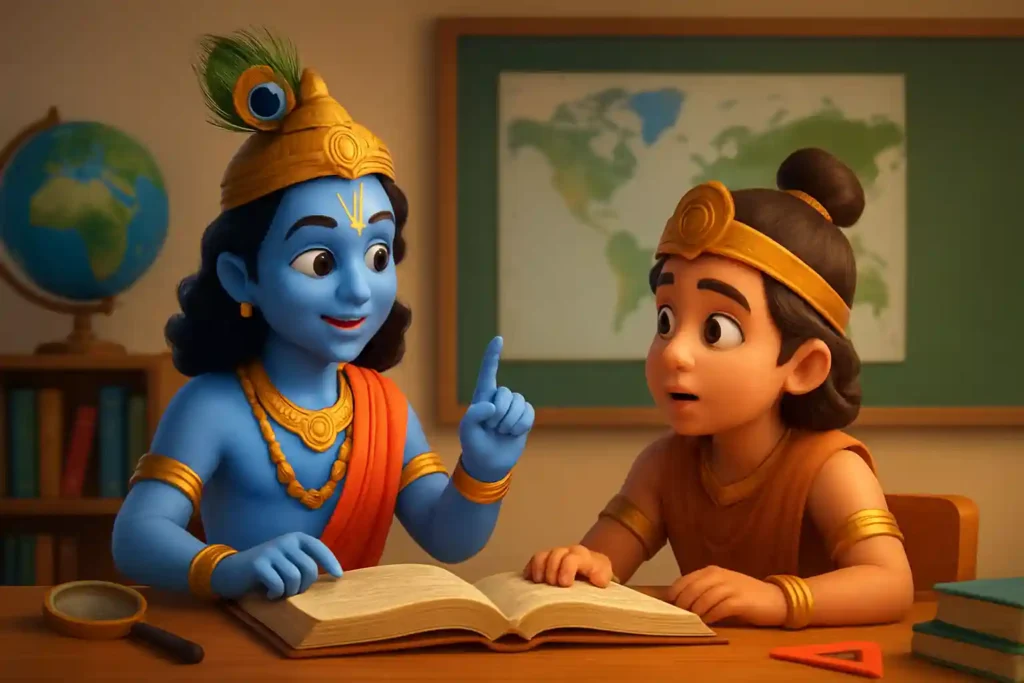 YouTube video thumbnail showing Krishna and Arjun | #shorts in 3D cartoon Pixar style illustration