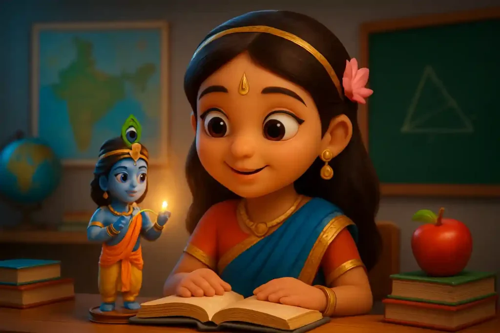 YouTube video thumbnail showing 🎵 Barsane Ki Chhori Radha | Krishna Radha Bhajan | Baal Gyan Bharat in 3D cartoon Pixar style illustration