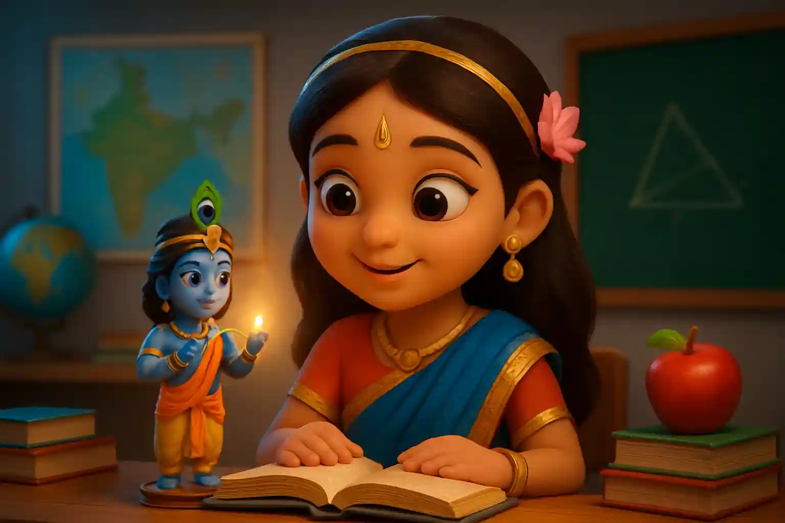 YouTube video thumbnail showing 🎵 Barsane Ki Chhori Radha | Krishna Radha Bhajan | Baal Gyan Bharat in 3D cartoon Pixar style illustration