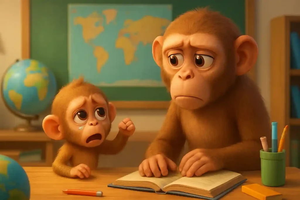 YouTube video thumbnail showing Baby Monkey Punch Rejected by Mom 😢 | Viral Zoo Story That Touched Millions ❤️🐒 #shorts in 3D cartoon Pixar style illustration