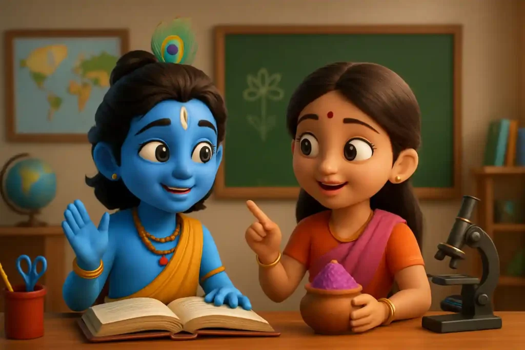 YouTube video thumbnail showing Radhe krishna #krishnastory #baalgyanbharat #holi in 3D cartoon Pixar style illustration