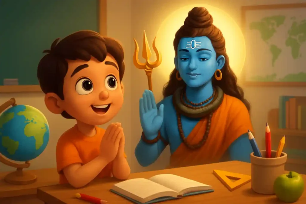 YouTube video thumbnail showing Har har shambhu🙏🙏 #baalgyanbharat #shiv #shivshankar in 3D cartoon Pixar style illustration