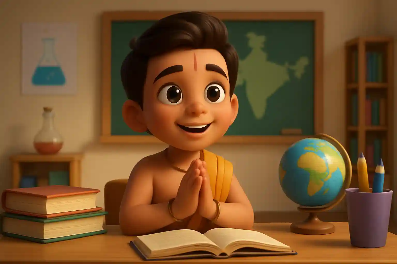 YouTube video thumbnail showing Bhakt Prahlad ki adbhut bhakti 🙏 | Vishnu bhakt ki amar kahani | Kids Moral #shorts in 3D cartoon Pixar style illustration