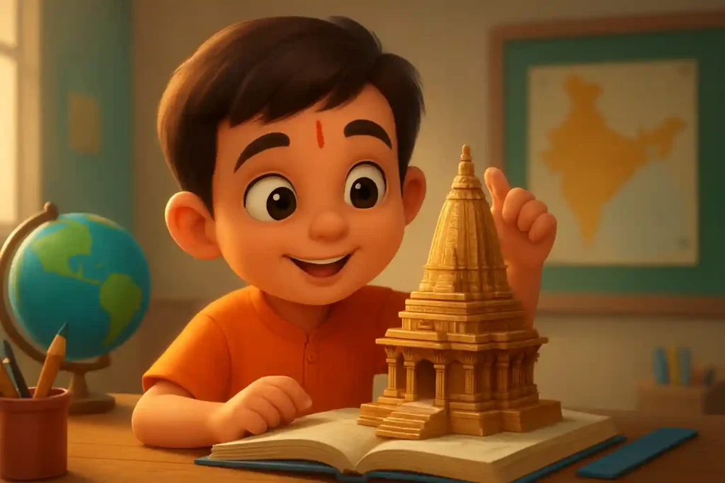 YouTube video thumbnail showing #rammandir #ramsitalove #shorts in 3D cartoon Pixar style illustration