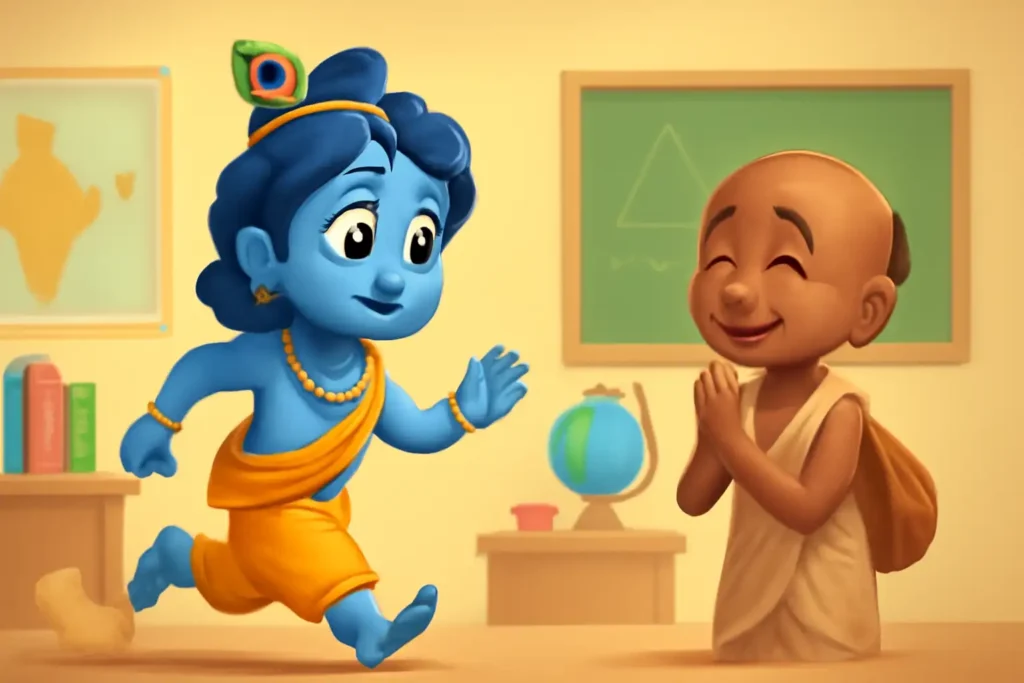 YouTube video thumbnail showing Krishna's Barefoot Run for Sudama 🙏 in 3D cartoon Pixar style illustration
