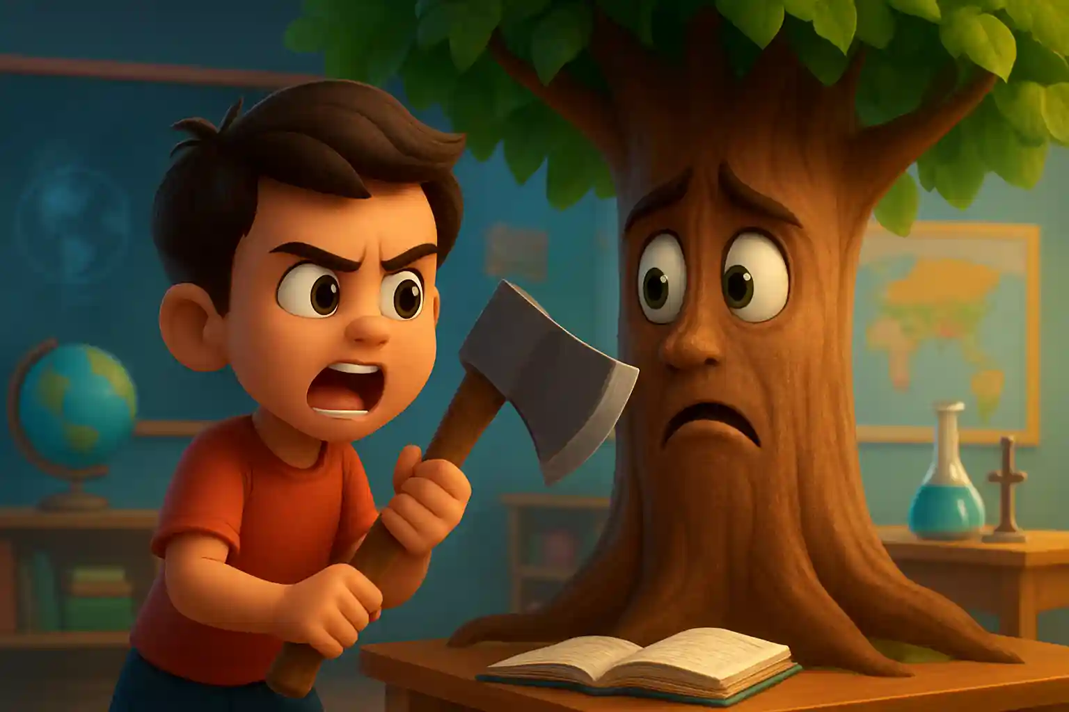 YouTube video thumbnail showing Ped Kaato Mat! 🌳 Prakruti Ka Paath | Emotional Moral Story for Kids | Baal Gyan Bharat #shorts in 3D cartoon Pixar style illustration