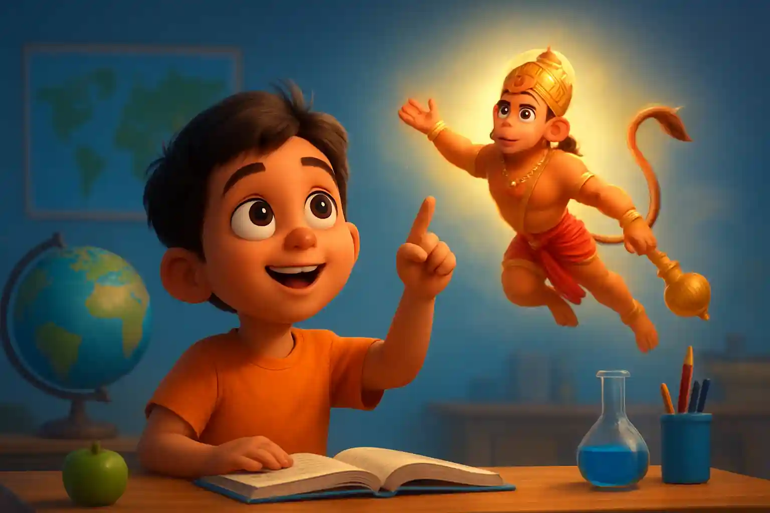 YouTube video thumbnail showing Aasman ko chookar dekha #jaishreeram #hanuman #shorts in 3D cartoon Pixar style illustration