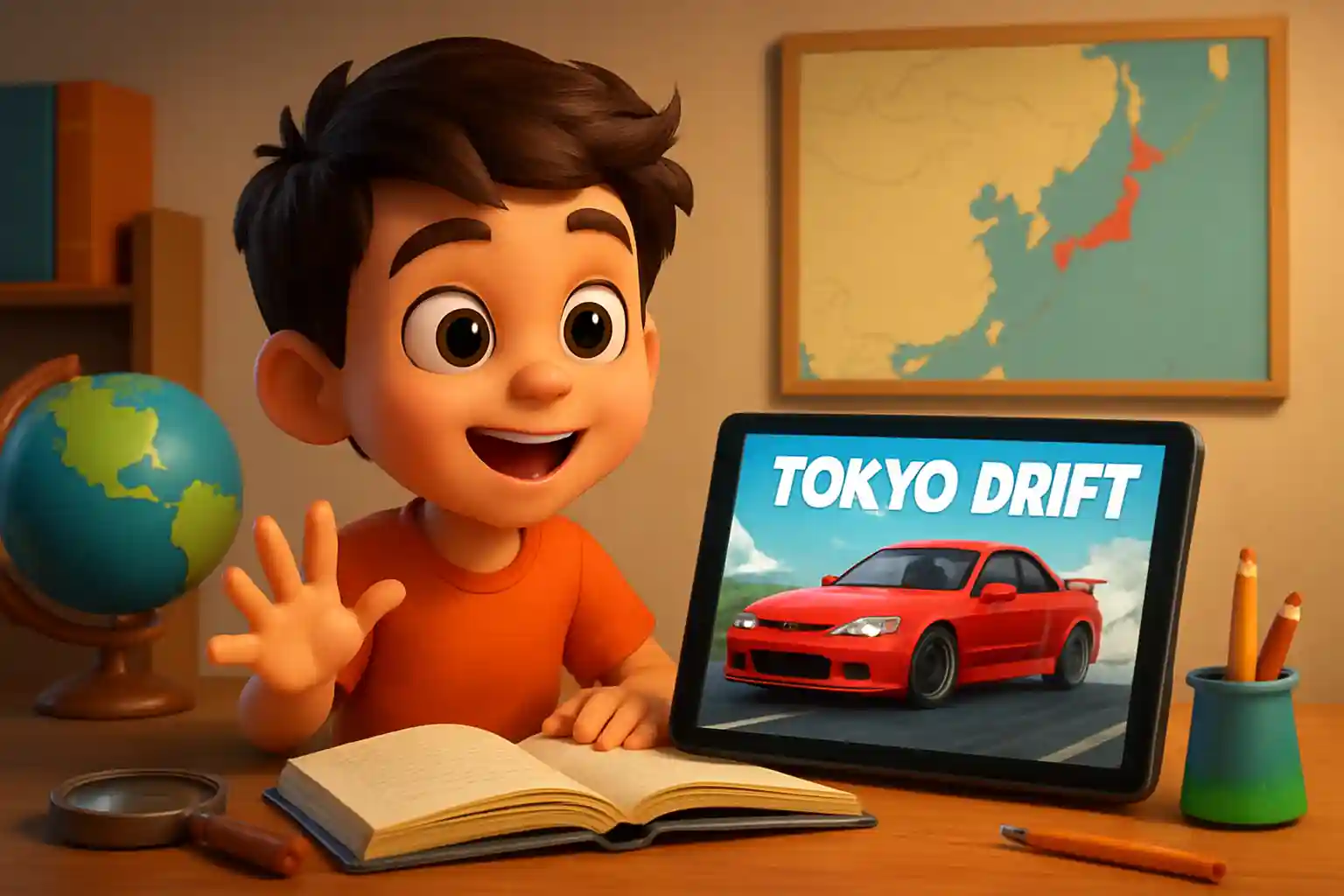 YouTube video thumbnail showing #viral #tokiodrift #shortsforkids #shorts in 3D cartoon Pixar style illustration