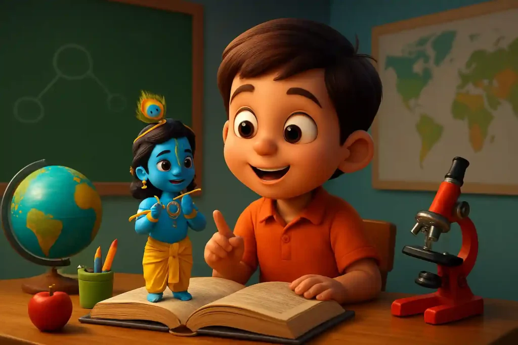 YouTube video thumbnail showing #shorts #viral #krishnabhajan in 3D cartoon Pixar style illustration