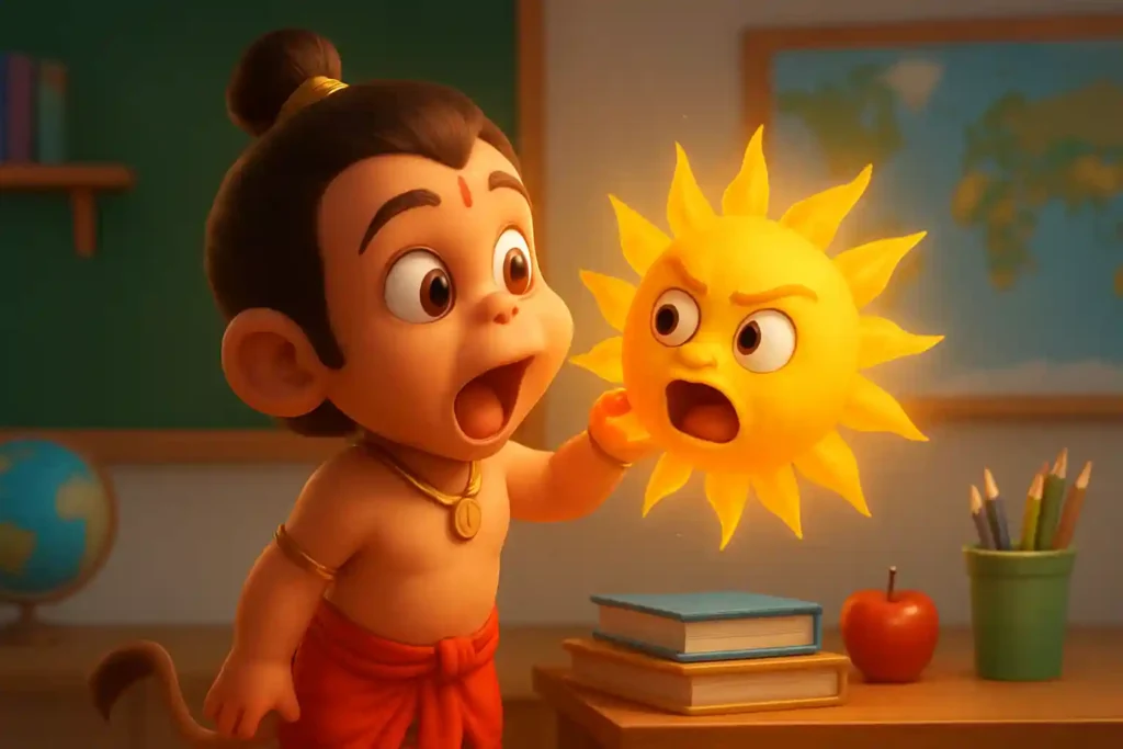 YouTube video thumbnail showing Hanuman Story in Hindi | Bal Hanuman Ate the Sun | Kids Mythology Cartoon in 3D cartoon Pixar style illustration