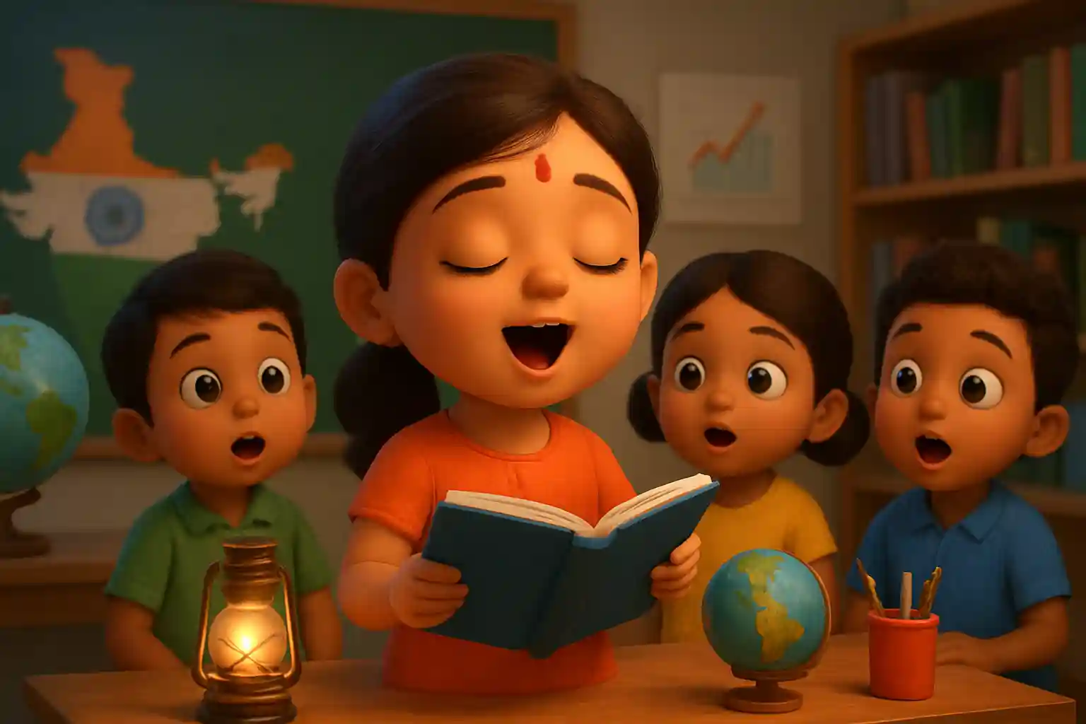 YouTube video thumbnail showing Little Stars Sing Beautiful Ram Bhajan | 26 January Special | 26 January kids song π© in 3D cartoon Pixar style illustration