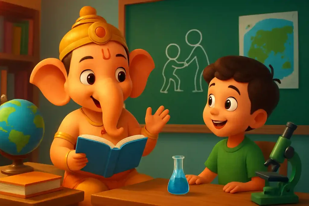 YouTube video thumbnail showing Bal Ganesha Teaches Helping Others 💖 | Beautiful Moral Story For Kids Hindi | Lori Bhajan TV in 3D cartoon Pixar style illustration