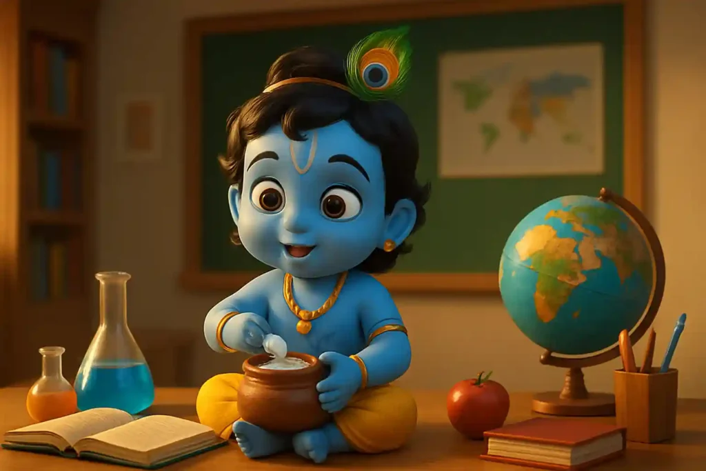 YouTube video thumbnail showing Baby Krishna Makhan Chor Bhajan For Toddler Sleep 2026 in 3D cartoon Pixar style illustration