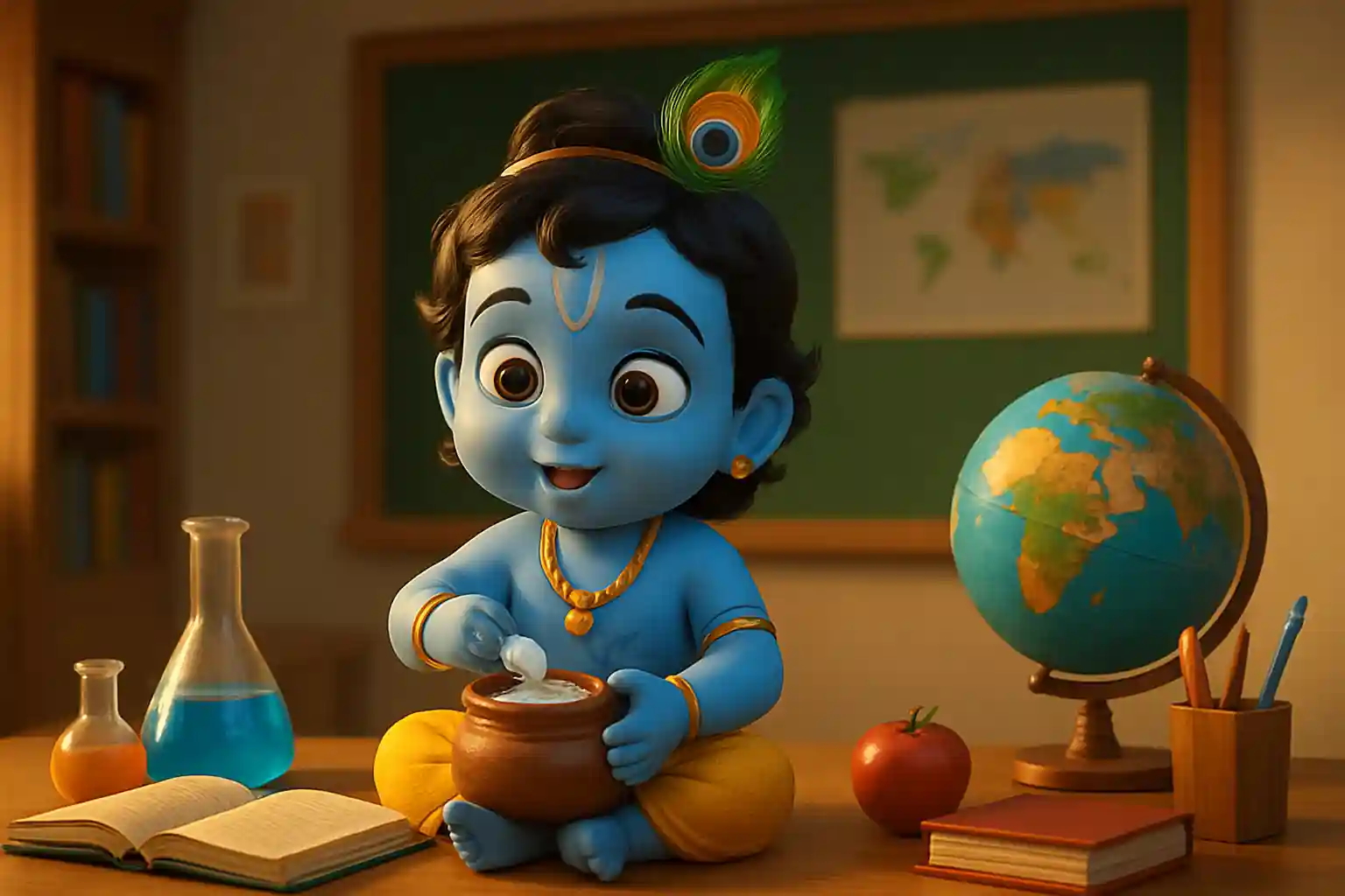 YouTube video thumbnail showing Baby Krishna Makhan Chor Bhajan For Toddler Sleep 2026 in 3D cartoon Pixar style illustration