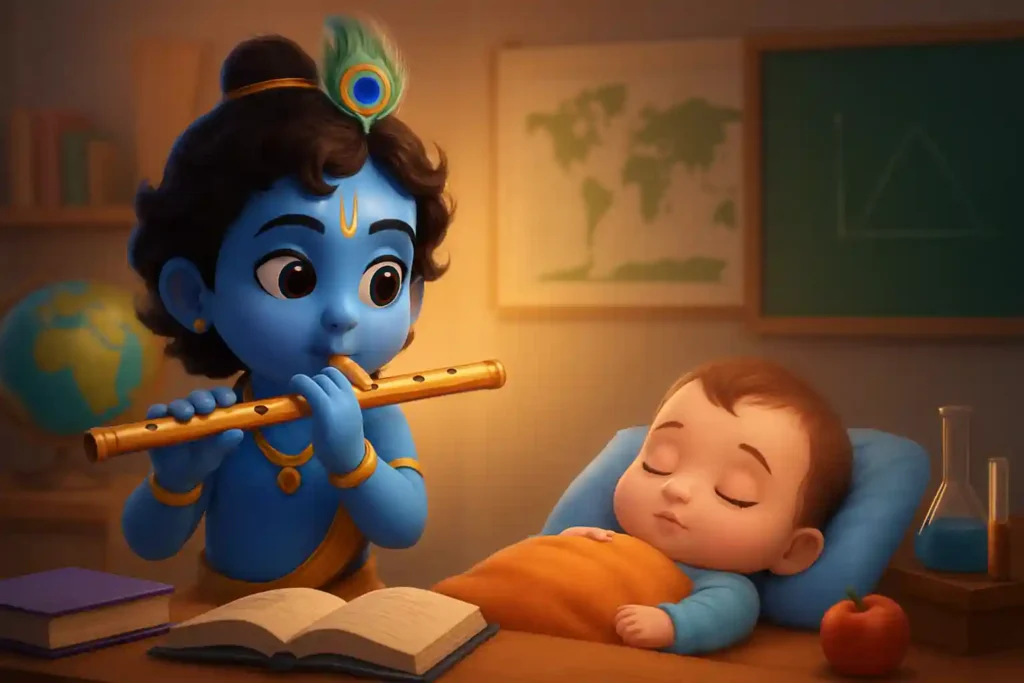 YouTube video thumbnail showing Krishna Flute Music for Baby Sleep | Peaceful Krishna Bansuri Lullaby in 3D cartoon Pixar style illustration