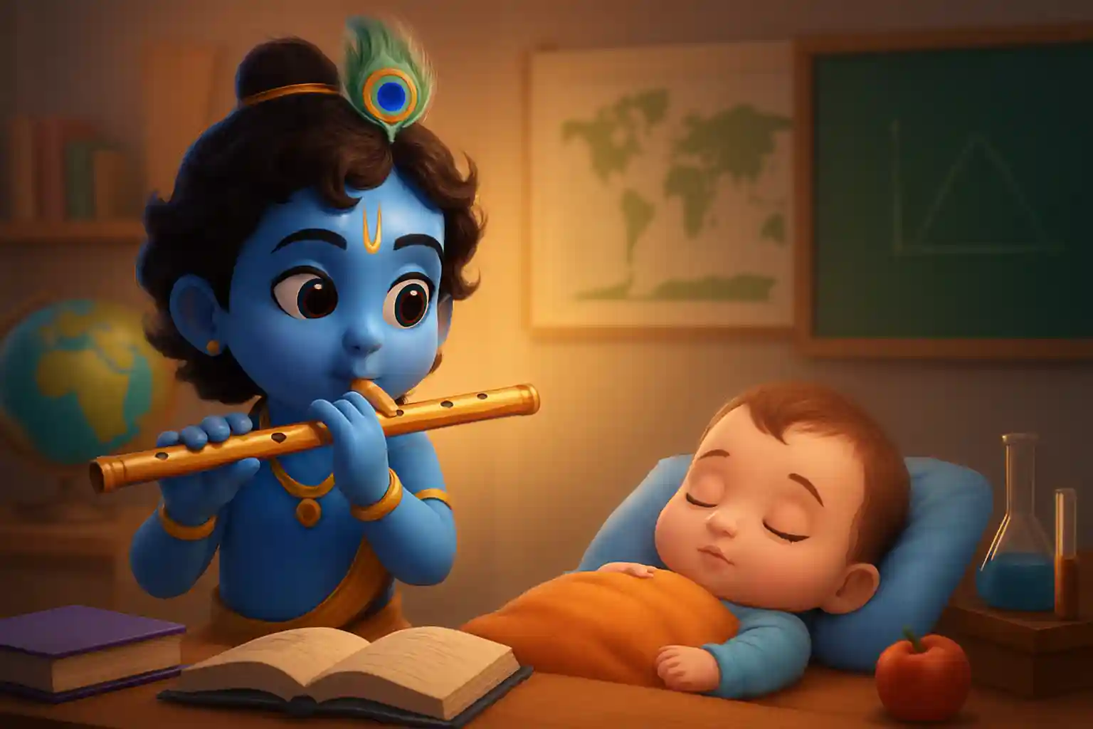 YouTube video thumbnail showing Krishna Flute Music for Baby Sleep | Peaceful Krishna Bansuri Lullaby in 3D cartoon Pixar style illustration
