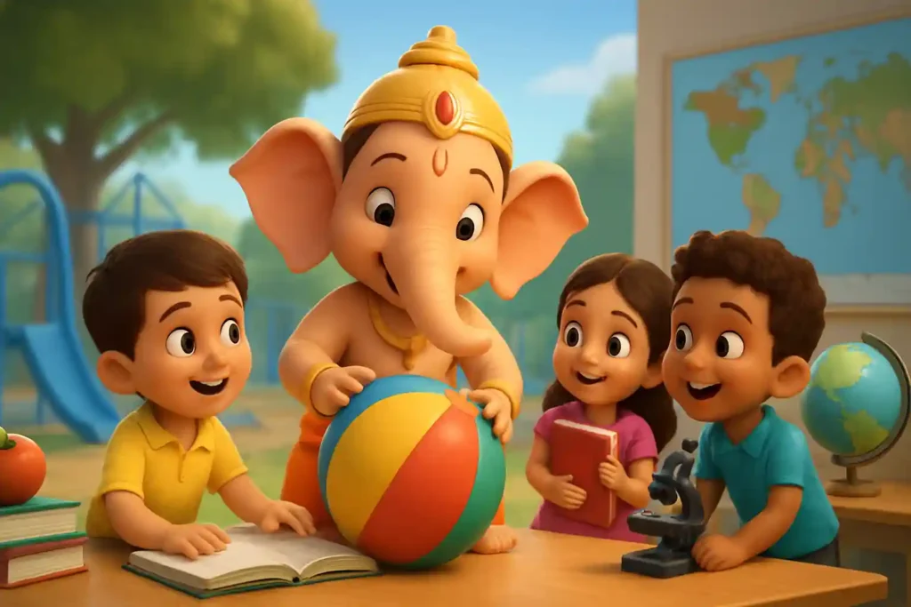 YouTube video thumbnail showing Ganpati Bappa aa rahe hai Hindi kids rhyme in 4K | Lori bhajan TV in 3D cartoon Pixar style illustration
