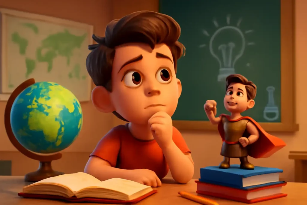 YouTube video thumbnail showing 👉 What If Your Hero Once Felt Just Like You? | Powerful Motivation for Kids | Baal Gyan bharat in 3D cartoon Pixar style illustration
