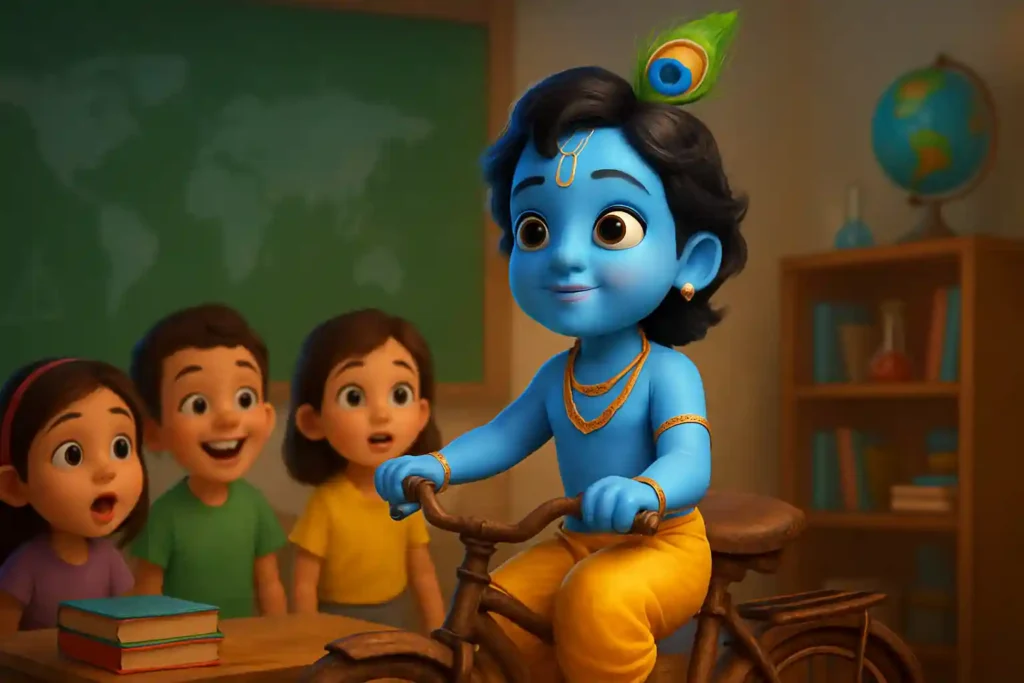 YouTube video thumbnail showing Little Krishna Miracle: A Heart Touching Story of Faith 🦚 in 3D cartoon Pixar style illustration