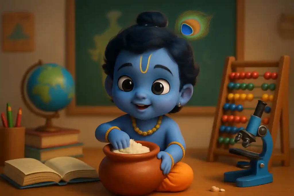 YouTube video thumbnail showing Baby Krishna Makhan Chor Bhajan: Hindi Lori For Toddler Sleep 2026 in 3D cartoon Pixar style illustration