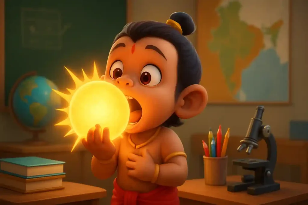 YouTube video thumbnail showing Bal Hanuman Story For Kids In Hindi: When He Ate The Sun 🌞 (2026) in 3D cartoon Pixar style illustration