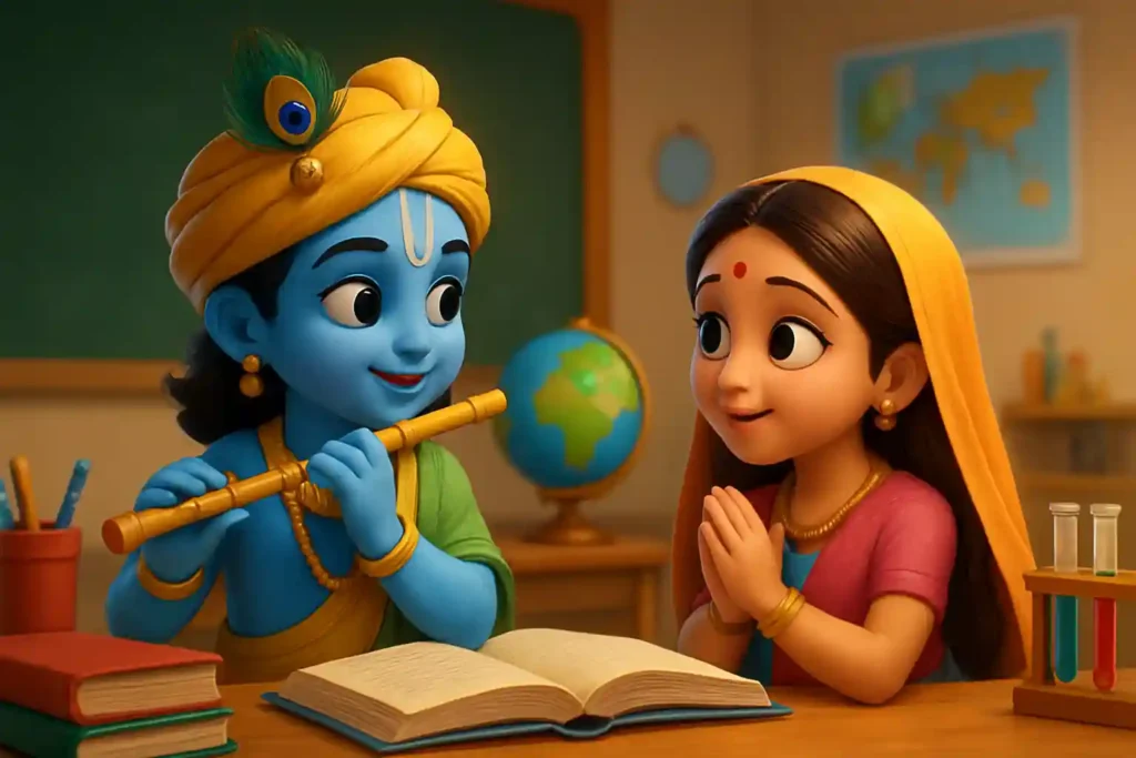 YouTube video thumbnail showing ✨ Radhe Krishna Bhajan | Divine Devotional Song for Peace & Positivity 💙🙏 ✨ in 3D cartoon Pixar style illustration