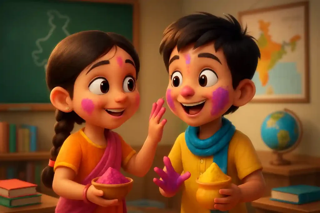 YouTube video thumbnail showing ✨ Nand Gaon Ka Chora Hai | Barsane Ki Chori Hai | Holi Hai! 🌸🎨 ✨ in 3D cartoon Pixar style illustration