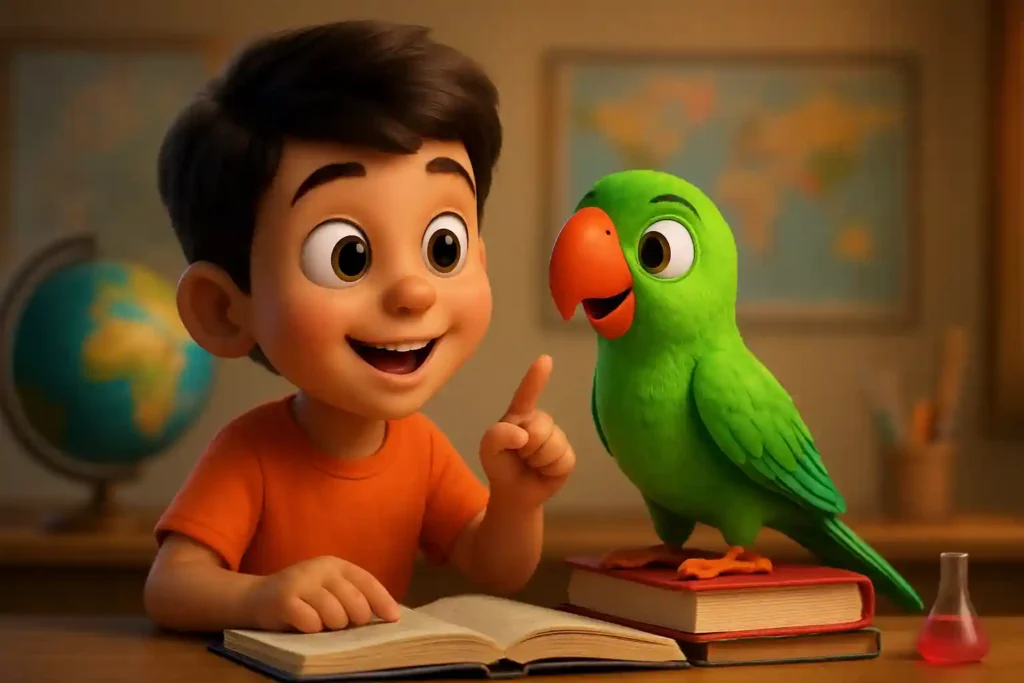 YouTube video thumbnail showing Mithu Mithu 🦜 Main Tota Hare Rang Ka | तोता कविता हिंदी में | Hindi Rhymes for Kids in 3D cartoon Pixar style illustration