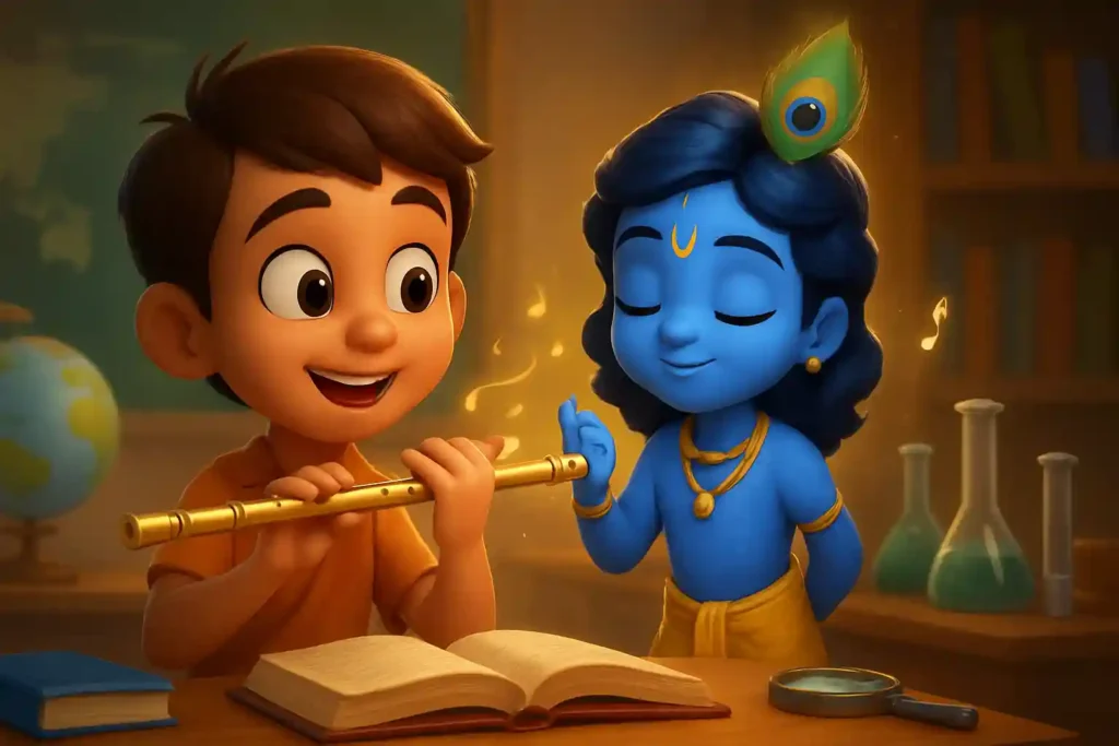 YouTube video thumbnail showing Krishna Flute Magic 🪈✨ | The Divine Sound That Brings Peace | Krishna Story | #shorts #krishna in 3D cartoon Pixar style illustration
