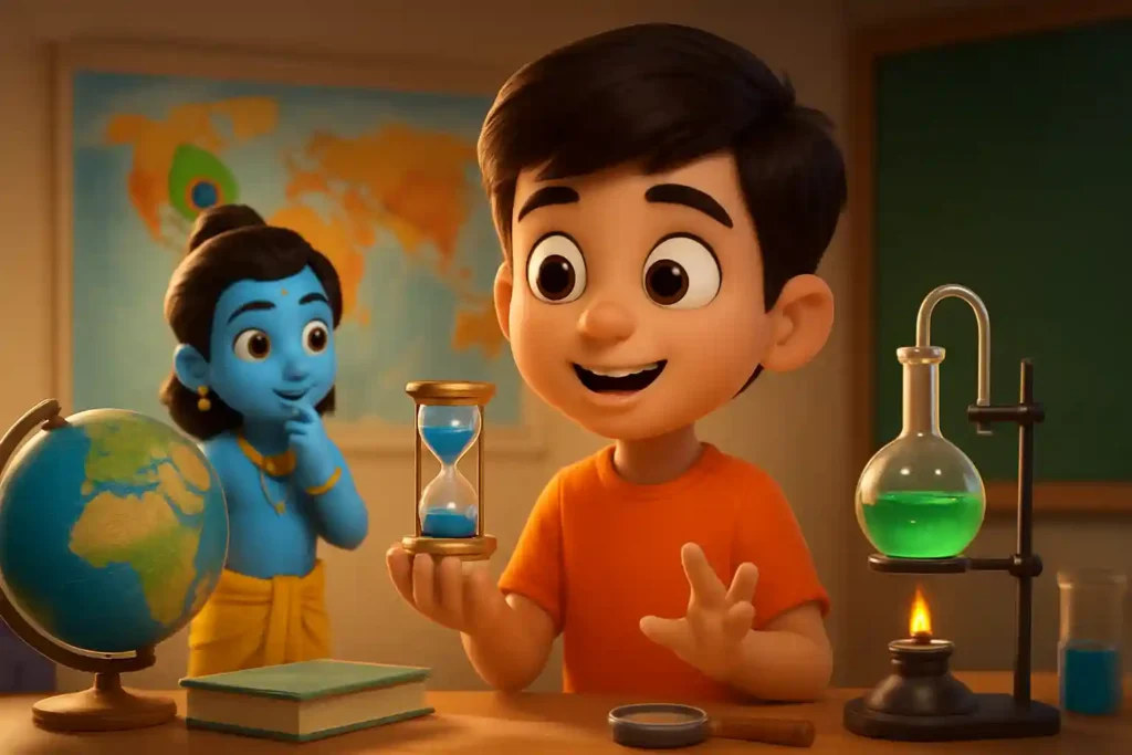 YouTube video thumbnail showing Baal Gyan Bharat | Kids Science, Time Travel & Krishna Stories #shorts #shortsfeed #kidslearning in 3D cartoon Pixar style illustration