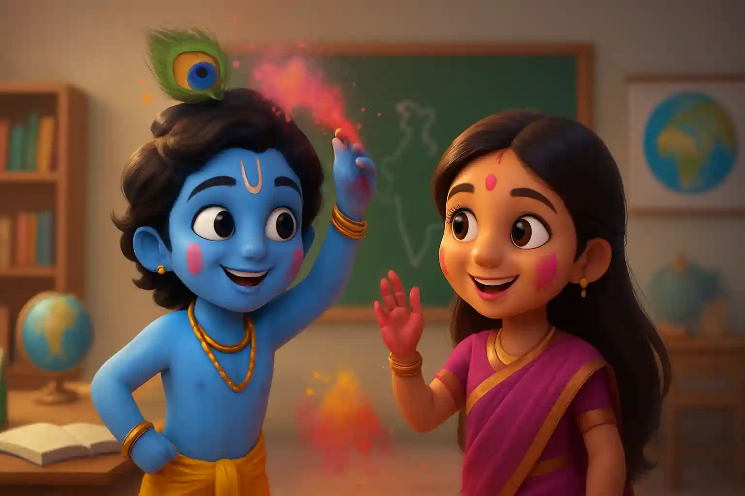 YouTube video thumbnail showing Krishna Ki Pehli Holi 🌸 | Radha Krishna Holi Story in Hindi | Kids Mythology in 3D cartoon Pixar style illustration