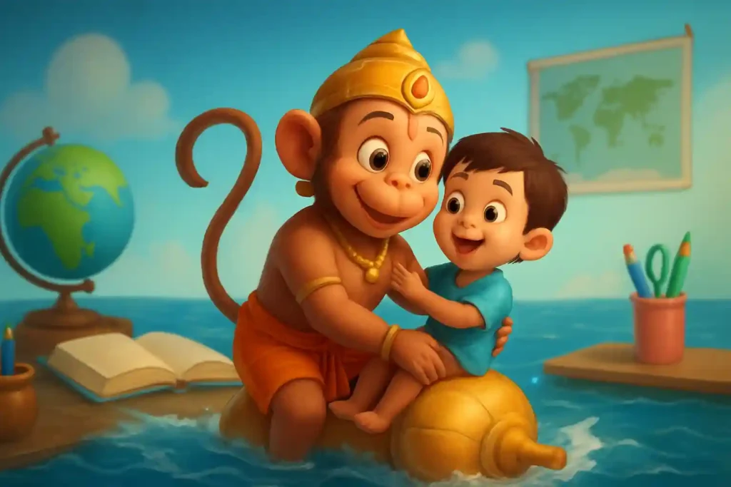 YouTube video thumbnail showing Hanuman Ji Takes Bharat to Lanka! 🐒 #shortsfeed #shorts in 3D cartoon Pixar style illustration