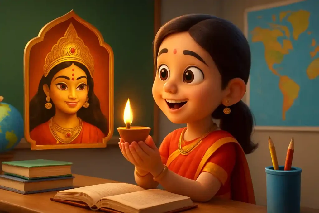 YouTube video thumbnail showing Happy navratri🙏🙏 #baalgyanbharat #navratri #veshnodevi #navratrispecial #jaimatadi in 3D cartoon Pixar style illustration