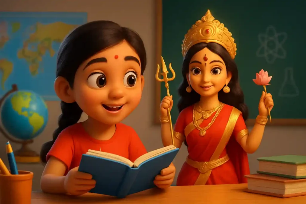 YouTube video thumbnail showing Durga Aarti for Kids – Ambe Tu Hai Jagdambe Kali 3D Animation in Hindi in 3D cartoon Pixar style illustration