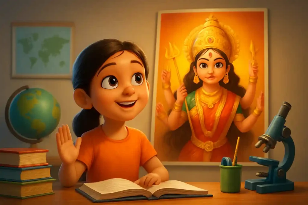 YouTube video thumbnail showing Jai mata di🙏🙏 #jaimatadi #navratri #maa #shortsfeed in 3D cartoon Pixar style illustration