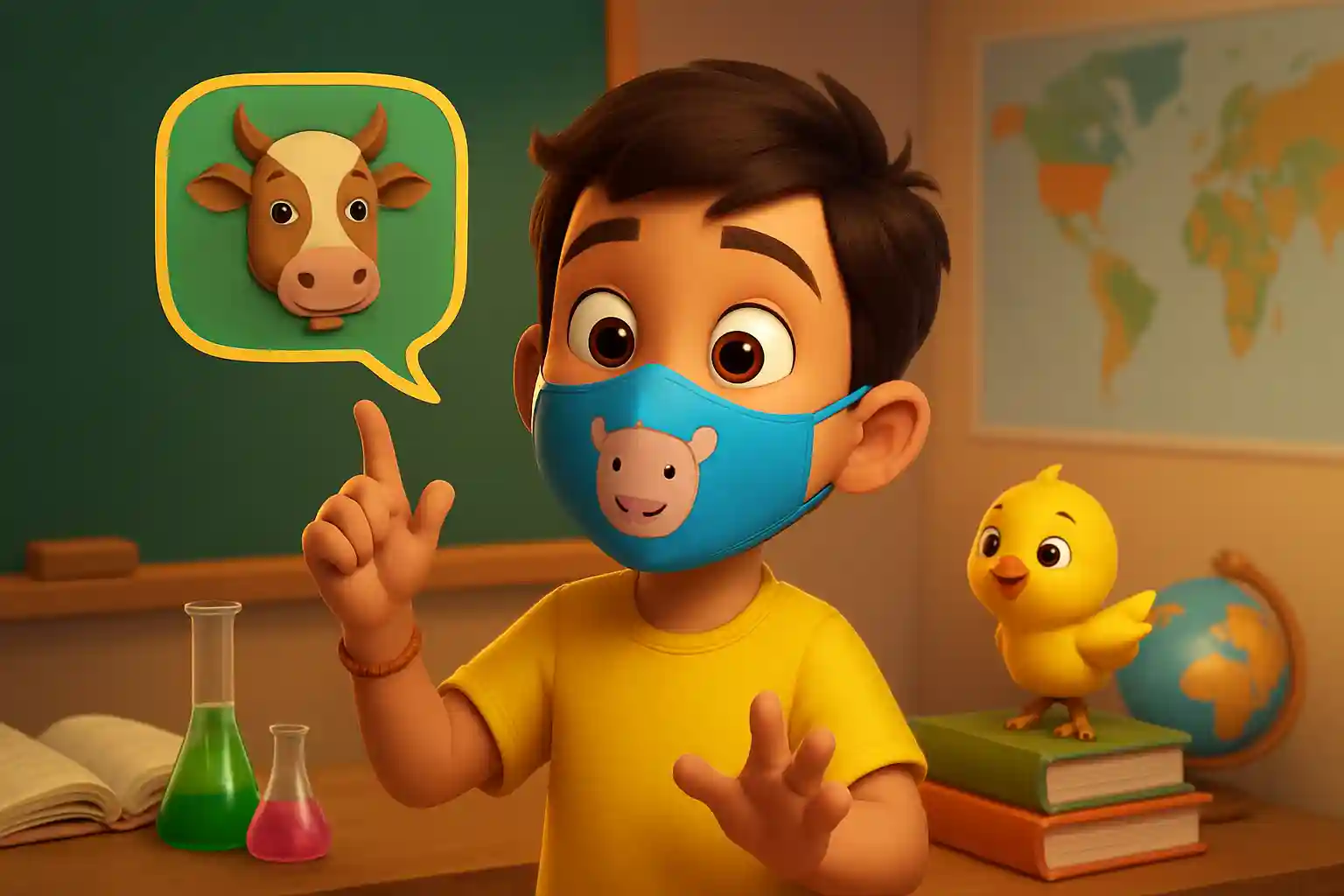 YouTube video thumbnail showing Mask Pehna Toh Voice Badal Gayi Krishna Ka Khel #shorts in 3D cartoon Pixar style illustration