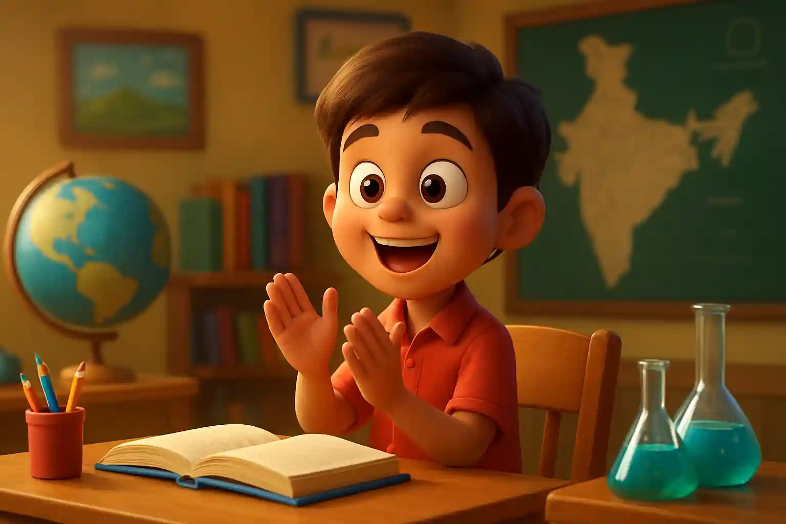 YouTube video thumbnail showing खाली कुर्सी की ताली – दिल छू लेने वाली कहानी | Krishna | #shorts #shortstory in 3D cartoon Pixar style illustration