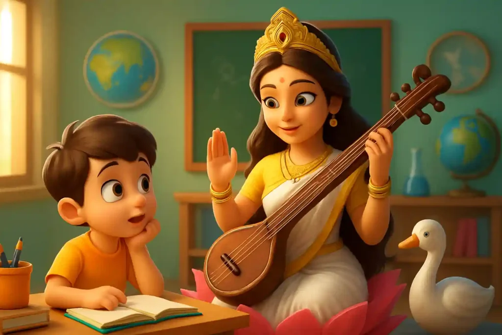 YouTube video thumbnail showing Maa Saraswati Morning Blessing for Kids 🌸 | Inspirational Devotional Story | Baal Gyan Bharat in 3D cartoon Pixar style illustration