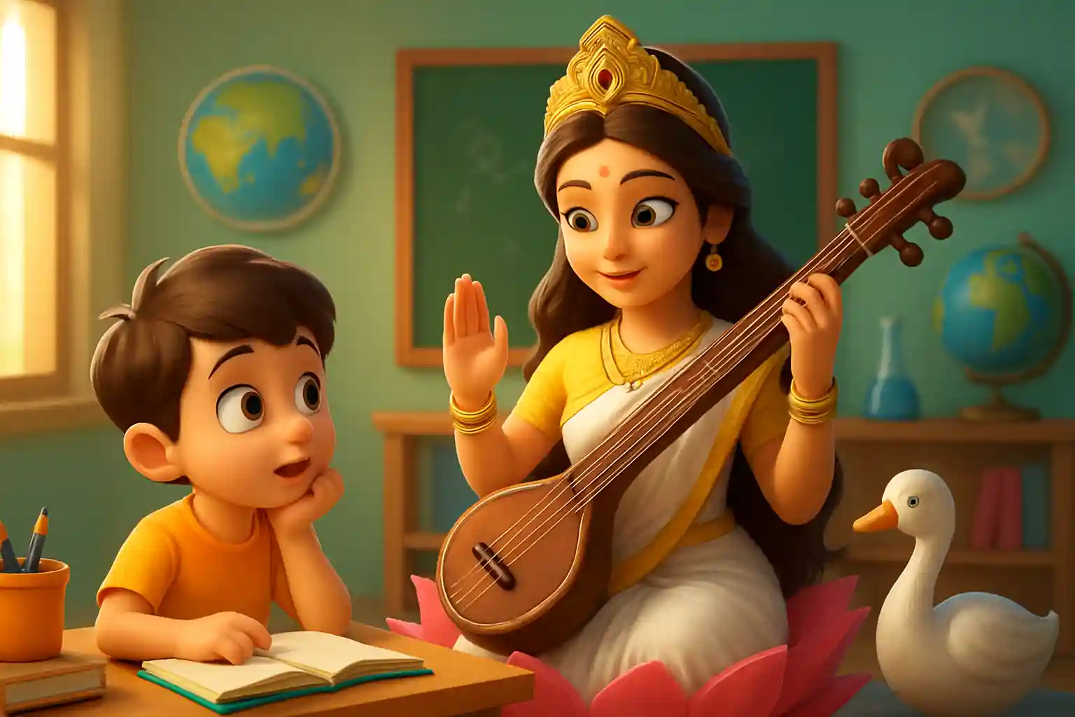 YouTube video thumbnail showing Maa Saraswati Morning Blessing for Kids 🌸 | Inspirational Devotional Story | Baal Gyan Bharat in 3D cartoon Pixar style illustration