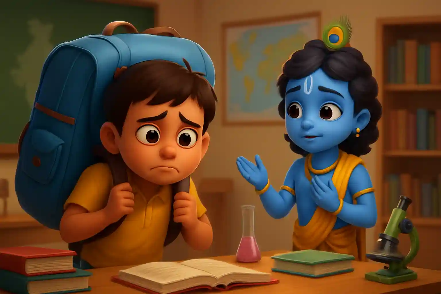 YouTube video thumbnail showing Mera School Bag Itna Heavy Kyun Hai? 😢 | Krishna Ne Kya Kaha? in 3D cartoon Pixar style illustration