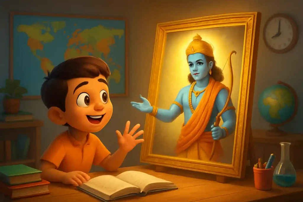 YouTube video thumbnail showing Magical Ramayan Story for Kids – Ram Ji Ki Painting Kaise Zinda Ho Gayi in Hindi in 3D cartoon Pixar style illustration