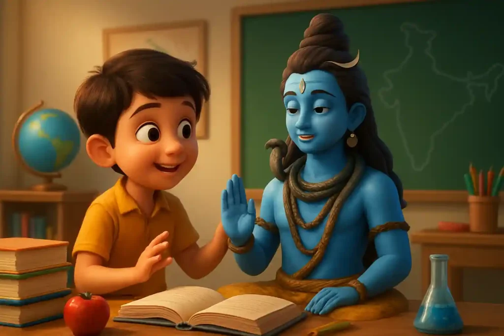 YouTube video thumbnail showing Kapde Gande, Dil Saaf – Shiva Ji Ka Ashirwad | Hindi Moral Story for Kids #shorts in 3D cartoon Pixar style illustration