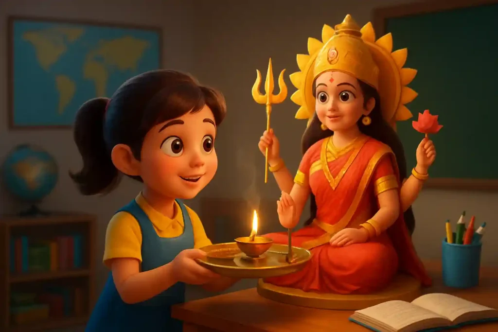 YouTube video thumbnail showing Durga Aarti for Kids – Bholi Maa Durga Ki Pyari Aarti Navratri Special 2026 in 3D cartoon Pixar style illustration