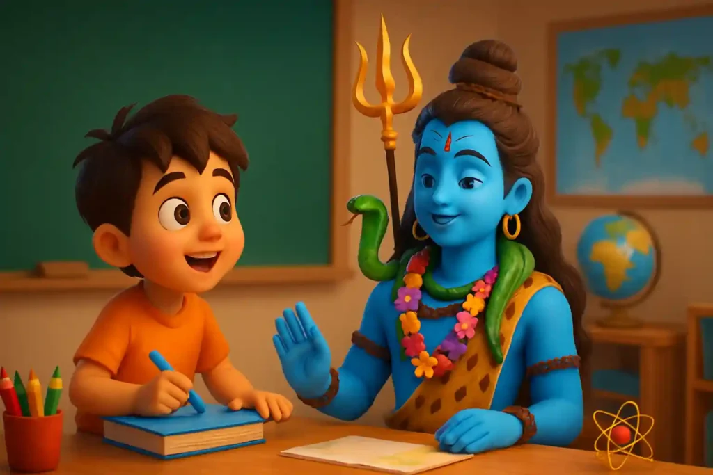 YouTube video thumbnail showing जब भोलेनाथ रंगों में खो गए… 😍 | Mahadev Bhakti #shorts #shortsfeed in 3D cartoon Pixar style illustration
