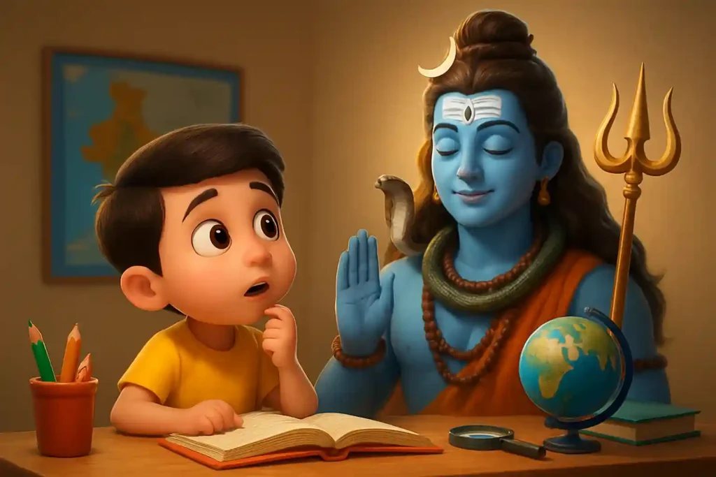 YouTube video thumbnail showing क्या महादेव सच में सुनते हैं? 🙏 | Har Har Shambhu #shorts in 3D cartoon Pixar style illustration