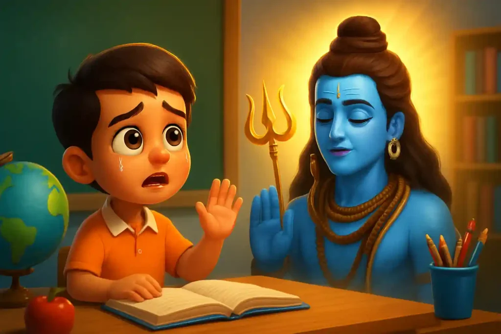 YouTube video thumbnail showing कोई नहीं आया… फिर भगवान शिव आए 😭✨ | Heart Touching Story #shorts in 3D cartoon Pixar style illustration