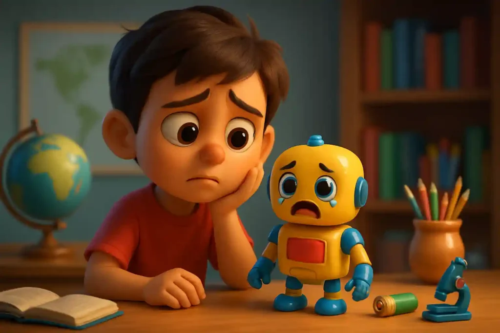 YouTube video thumbnail showing क्या खिलौने भी रोते हैं? | Battery Ends Toy Stops #short #toys in 3D cartoon Pixar style illustration