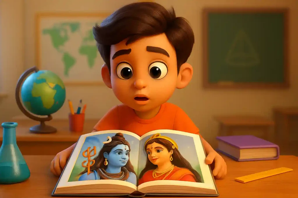 YouTube video thumbnail showing जब हरियाणवी गीतों ने शिव-पार्वती की दोस्ती की गहराई दिखाई 😔 | #short #shivparvati in 3D cartoon Pixar style illustration