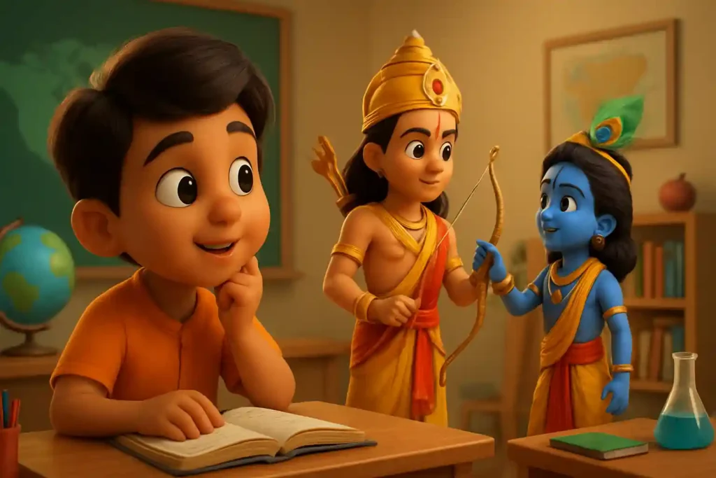 YouTube video thumbnail showing Ramayan Story for Kids – Aravan Ne Bhagwan Krishna Ke Liye Kyun Diya Balidan in Hindi in 3D cartoon Pixar style illustration