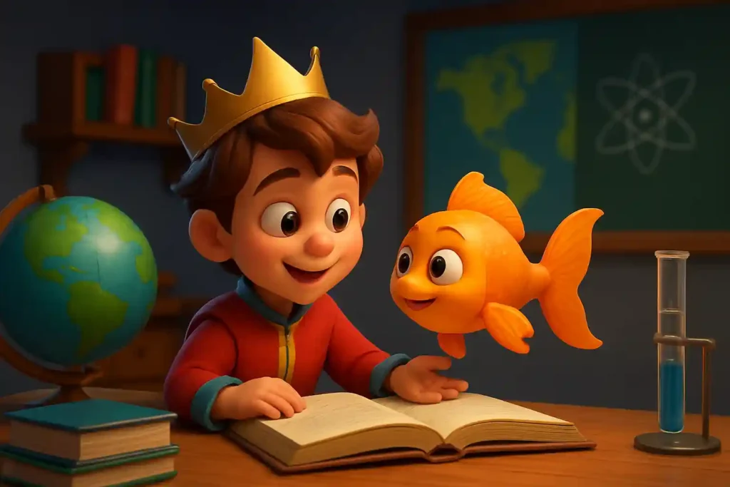 YouTube video thumbnail showing Moral Story for Kids – Raghuram Ne Machhli Ki Madad Ki To Fir Kya Hua in Hindi in 3D cartoon Pixar style illustration